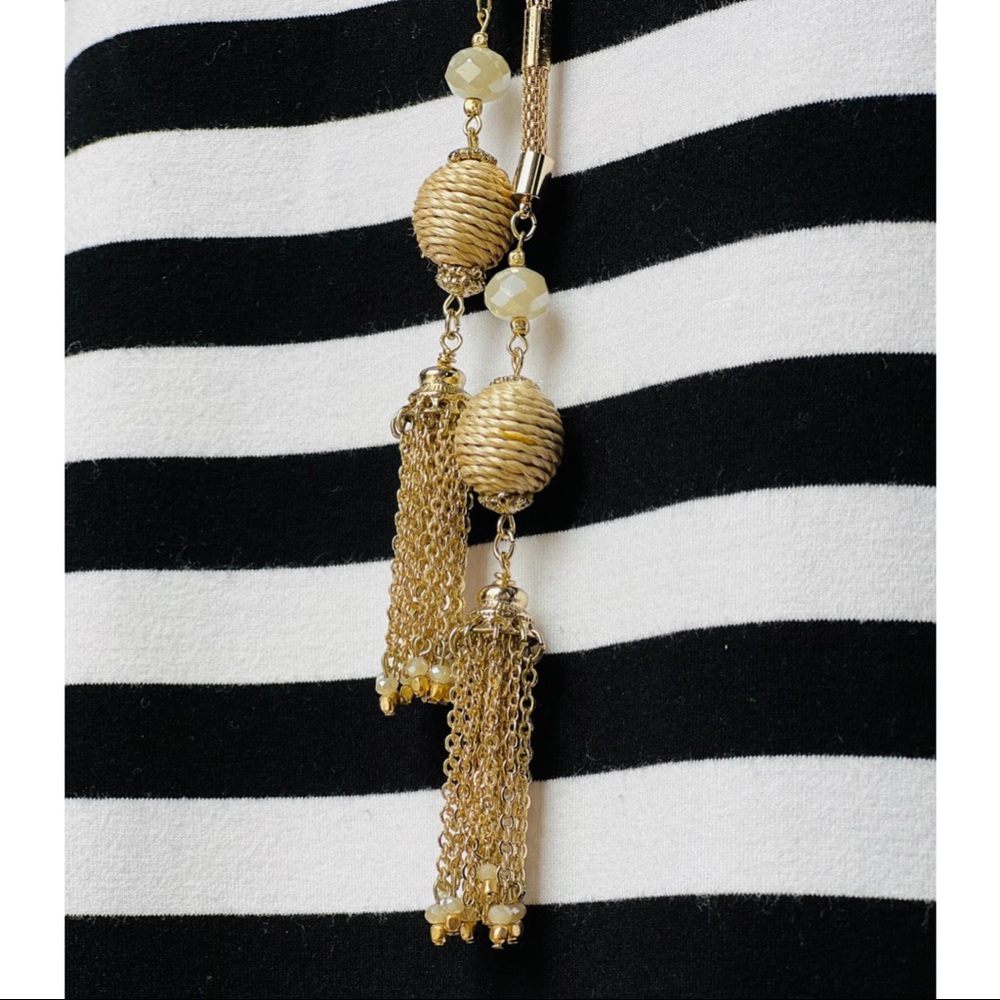 WHBM Gold Y Necklace White Beads Woven Baubles Tassel Statement
